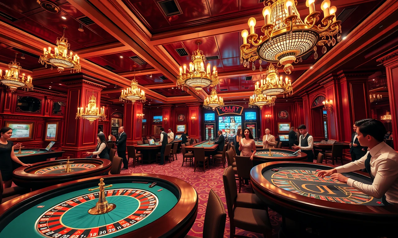 Interior elegante de casino en vivo con mesas de ruleta y croupiers profesionales