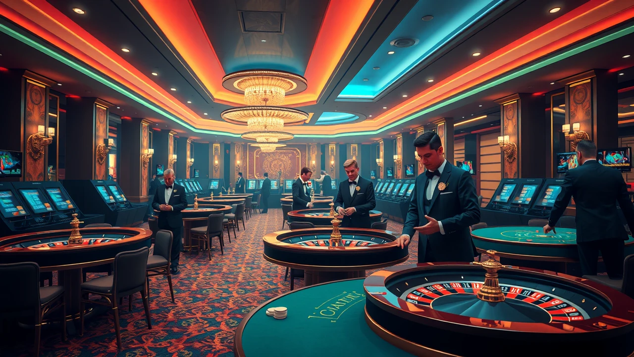 Elegante interior de casino con mesas de ruleta y croupiers profesionales